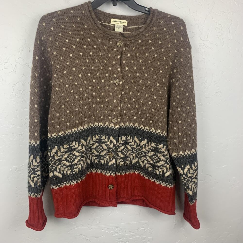 Eddie Bauer Cardigan Sweater Womens Tall L Brown Fair Isle Wool Alpaca Knit